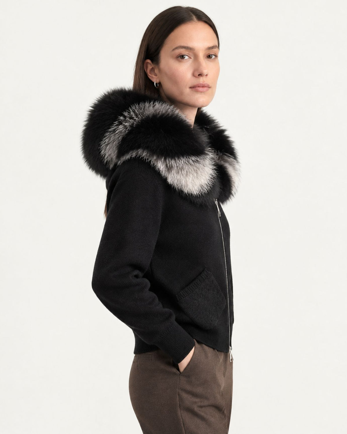 Hooded Knit Cardigan with Removable Fox Fur Trim