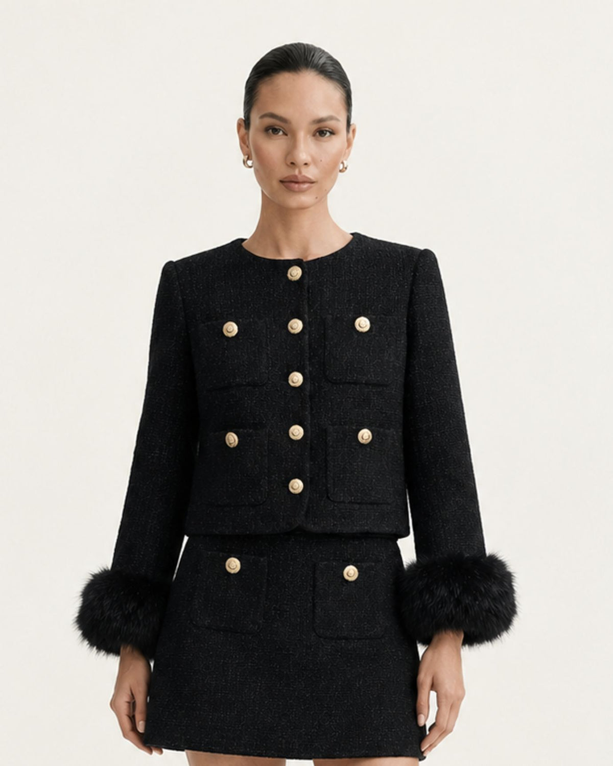 Tailored Black Wool Jacket and High-Waisted Skirt Set