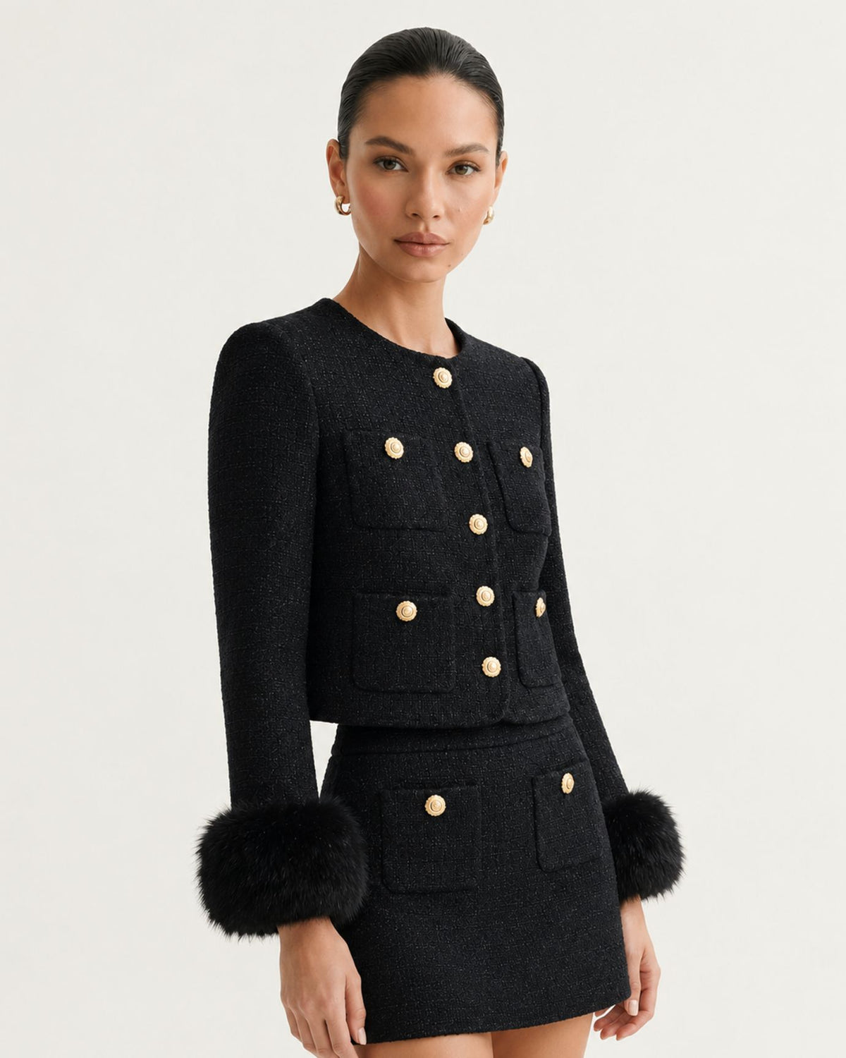 Tailored Black Wool Jacket and High-Waisted Skirt Set