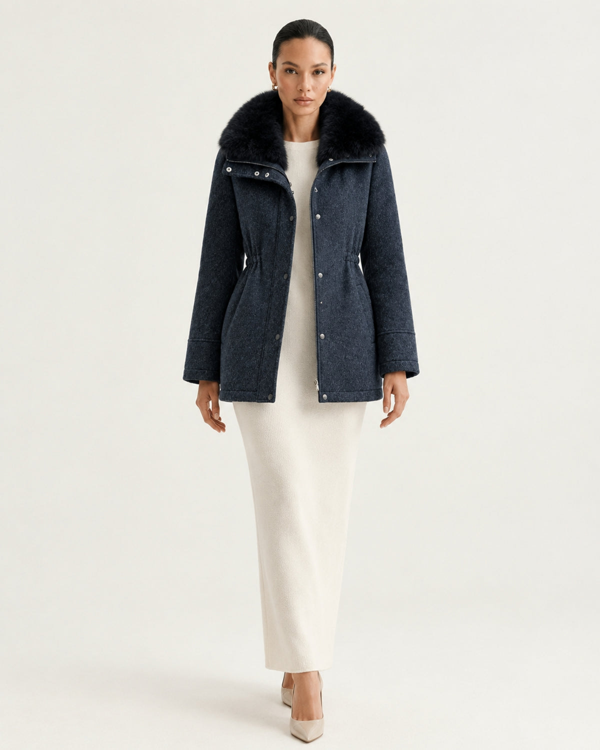 Rabbit Lined Wool Parka with Fox Fur Collar