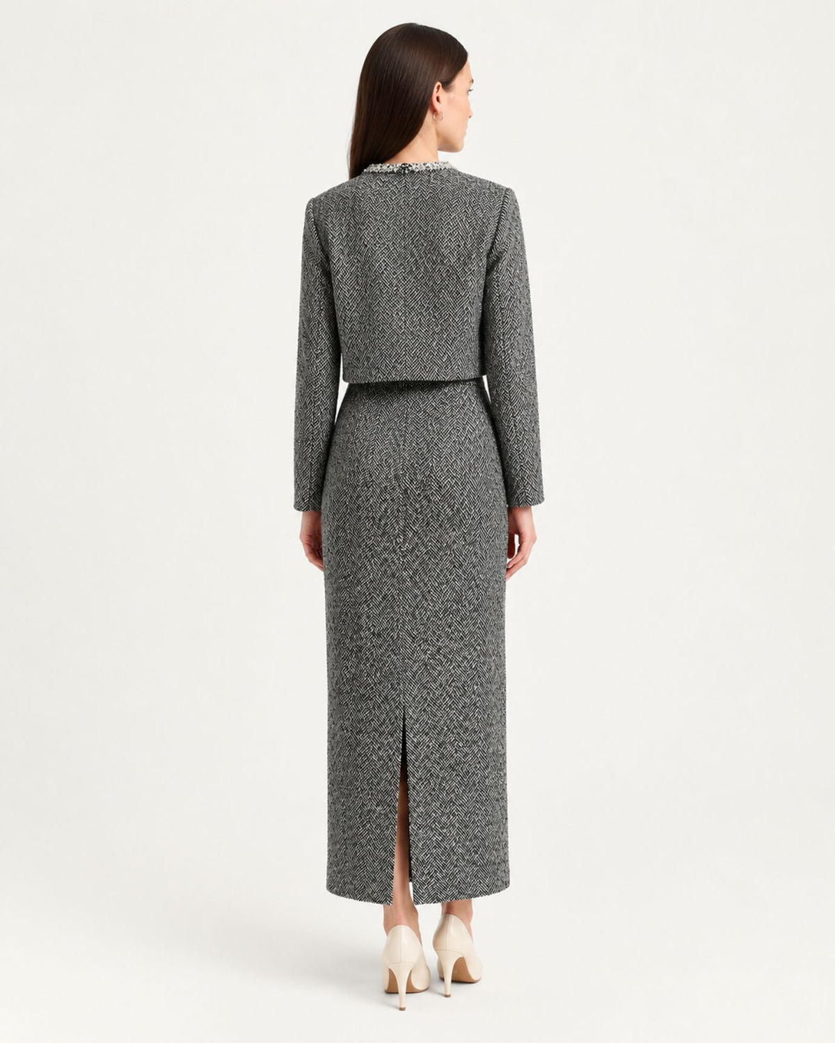 High-Waisted Dark Gray Wool Maxi Skirt & Cardigan set