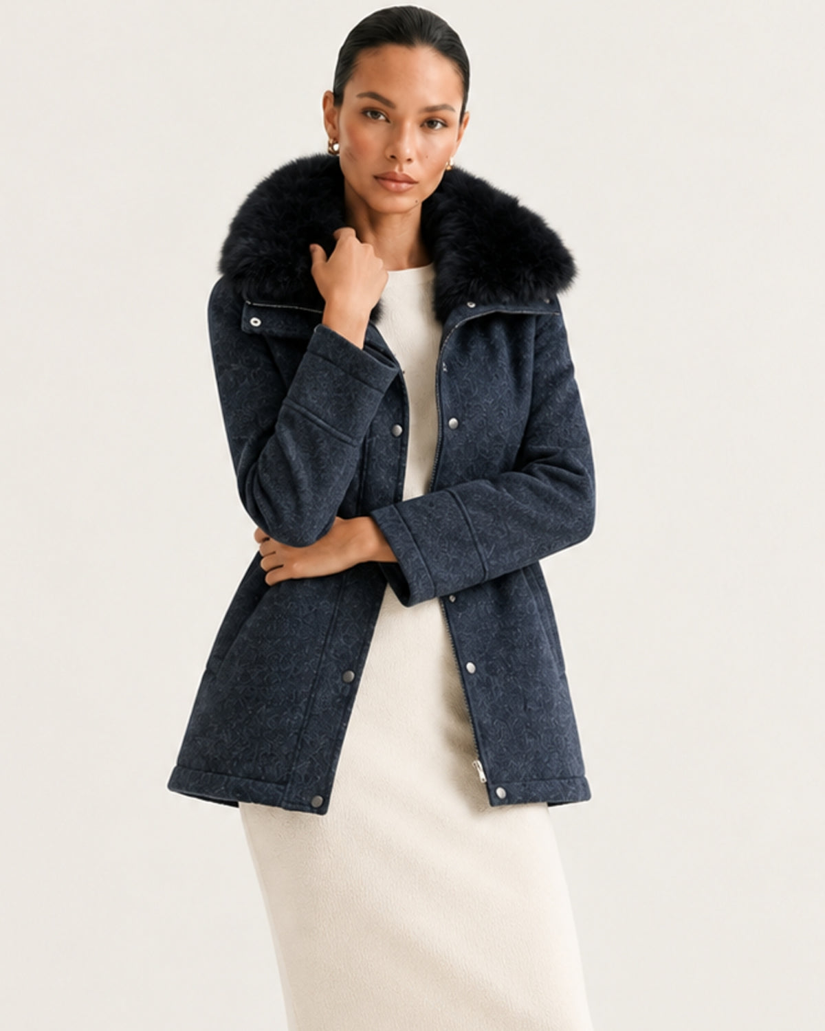Rabbit Lined Wool Parka with Fox Fur Collar