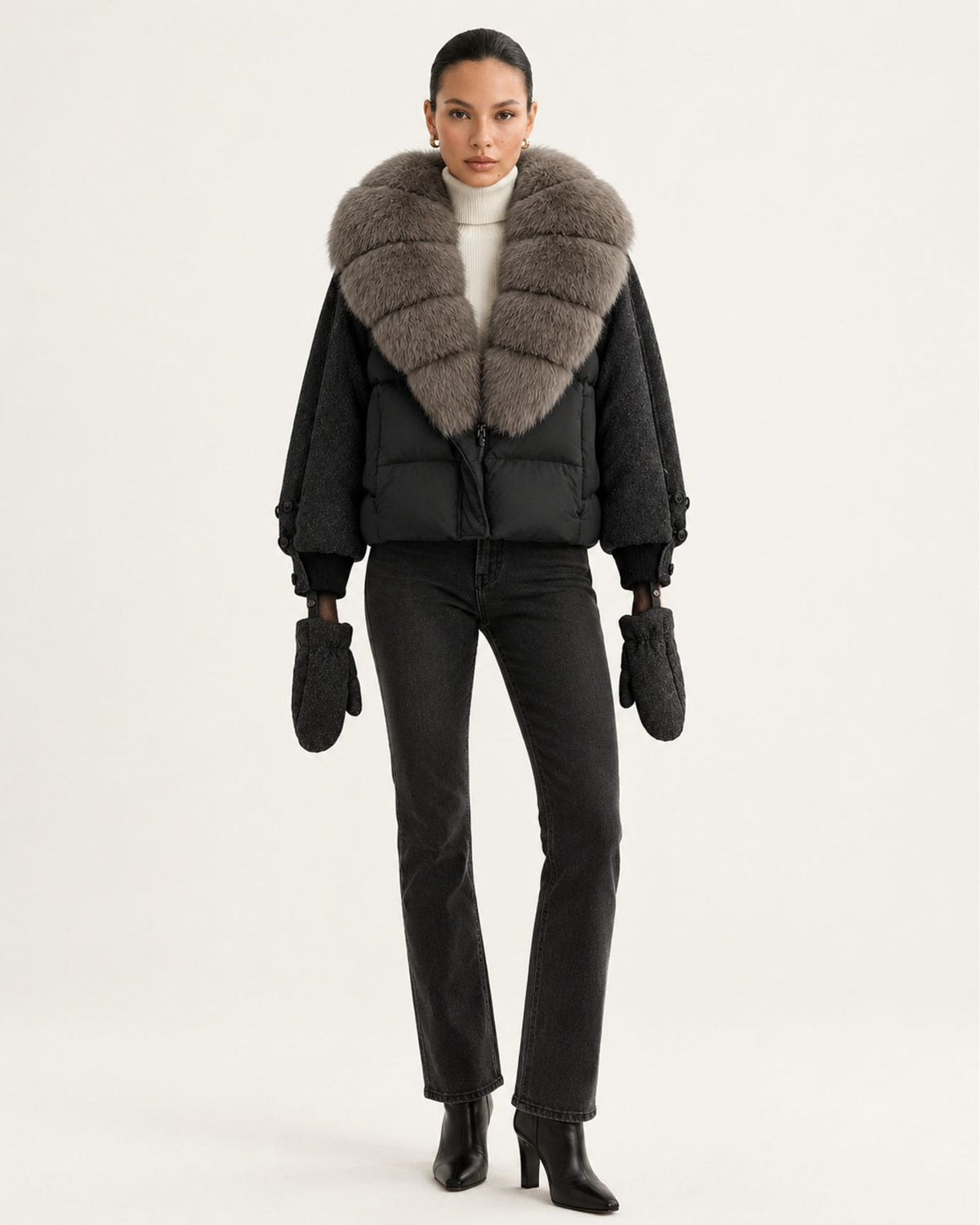 NY Duck Down Puffer Jacket with Detachable Fox Fur Collar