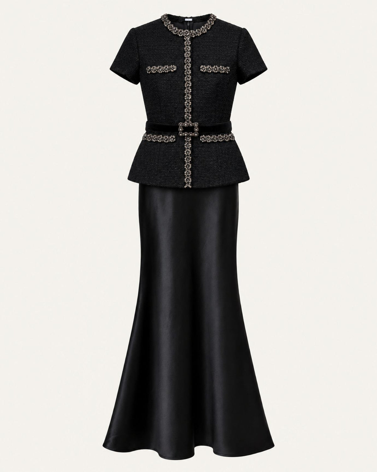 Satin-Paneled Tweed Mermaid Evening Dress