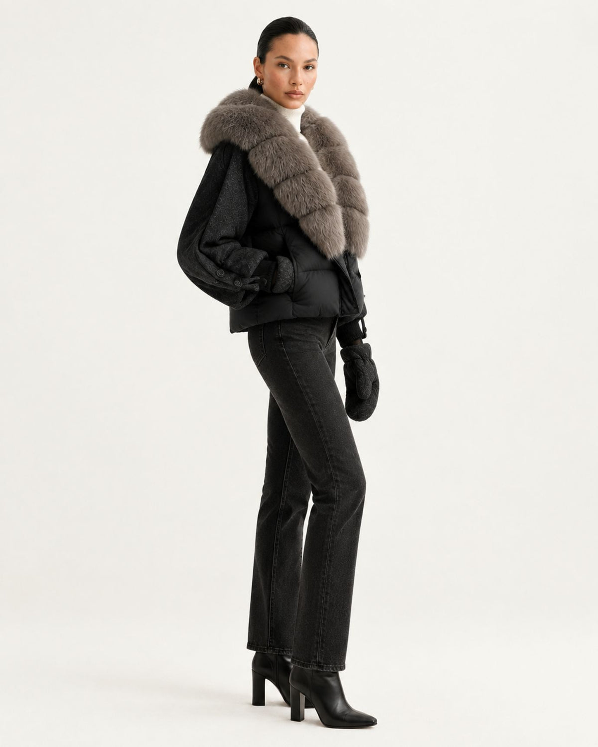 NY Duck Down Puffer Jacket with Detachable Fox Fur Collar