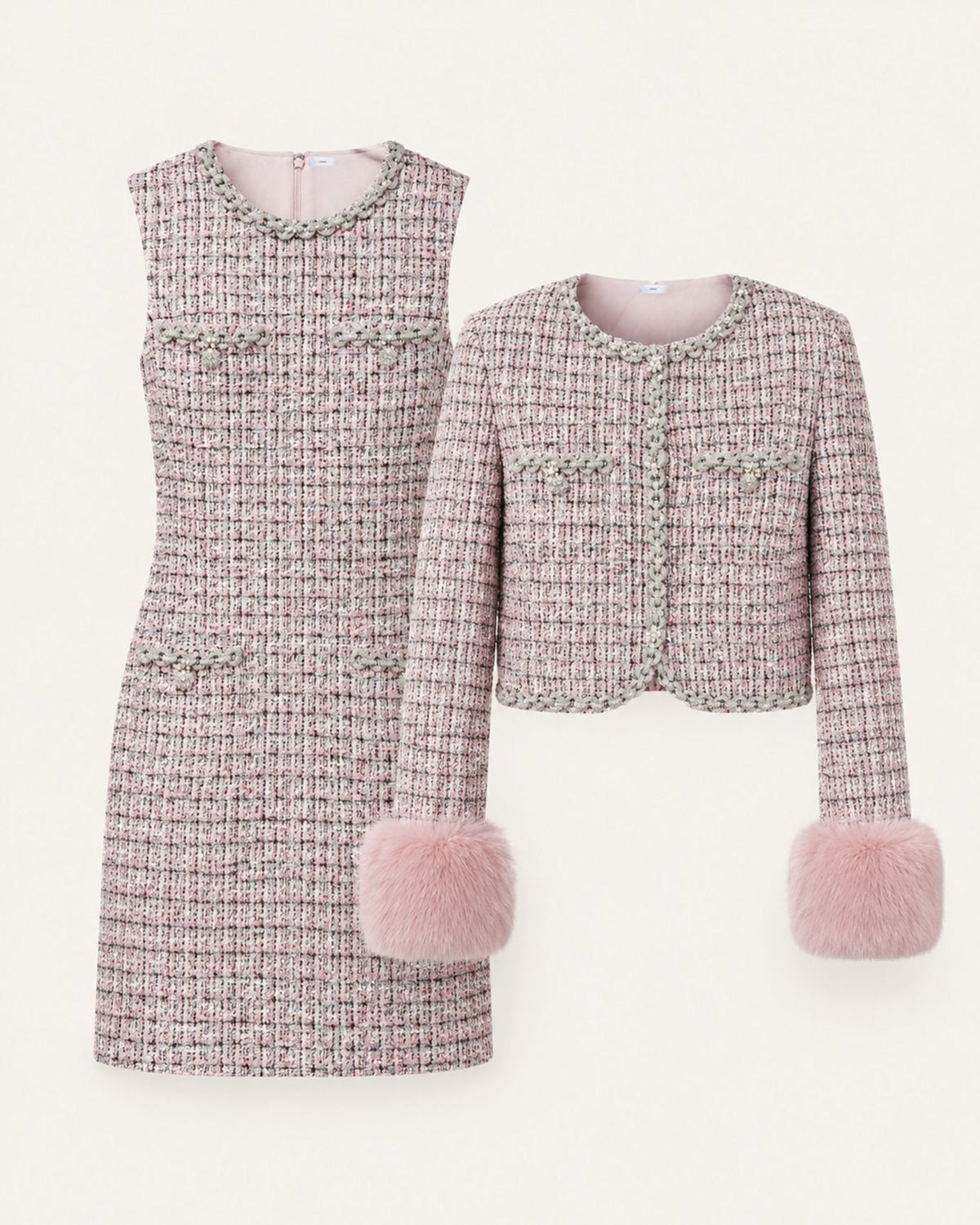 Pink Woven Wool Cardigan and Dress Set