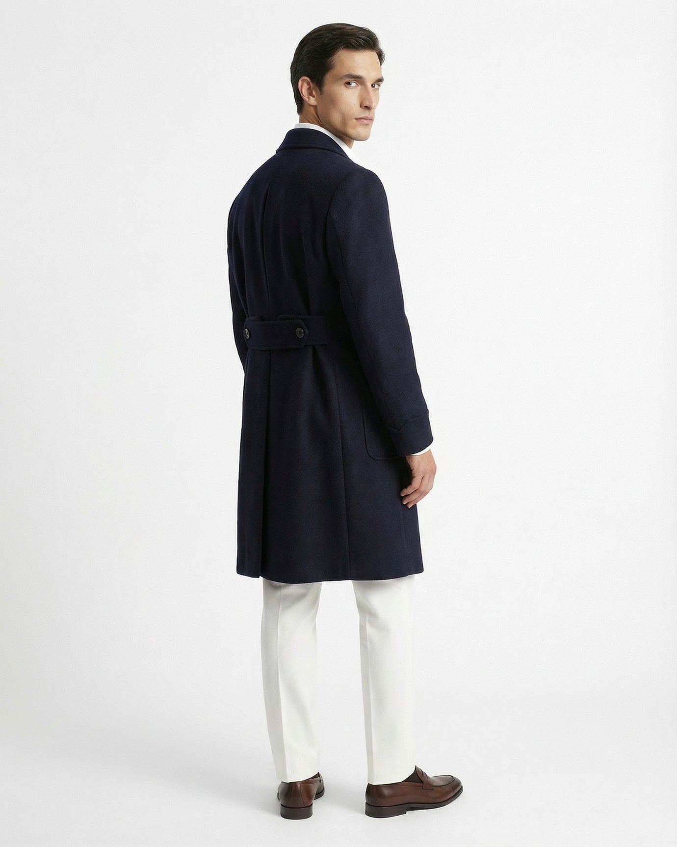 Navy Blue Thick Double-Breasted Wool Coat with Ulster Collar