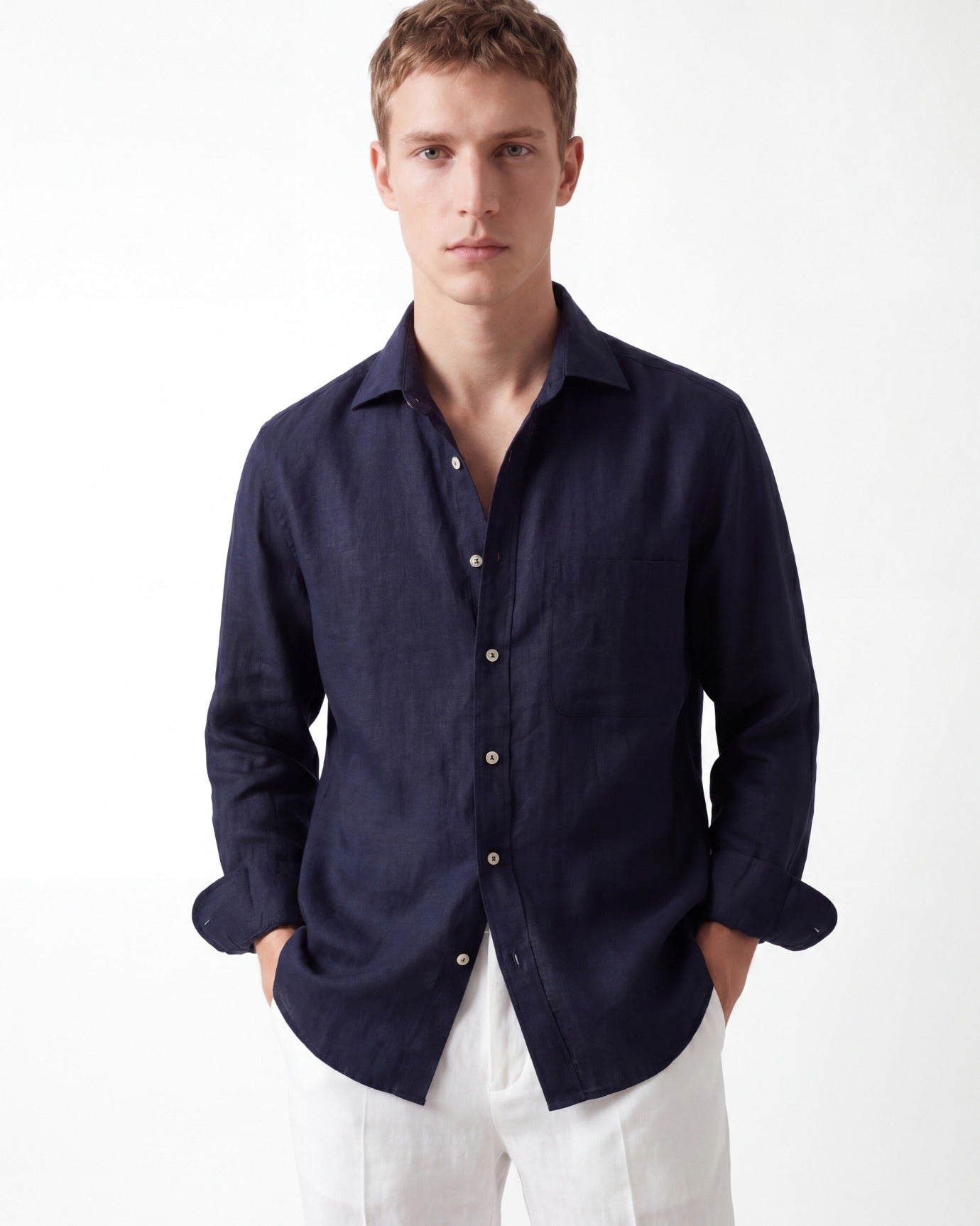 Contemporary Navy Blue Linen Shirt