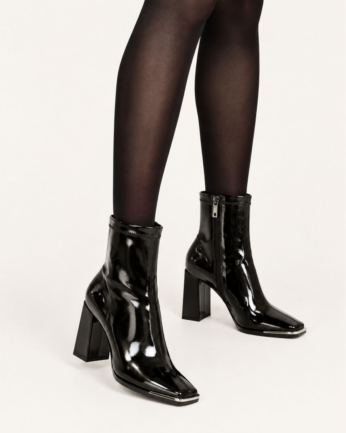 Patent Leather Block Heel Stretch Ankle Boots