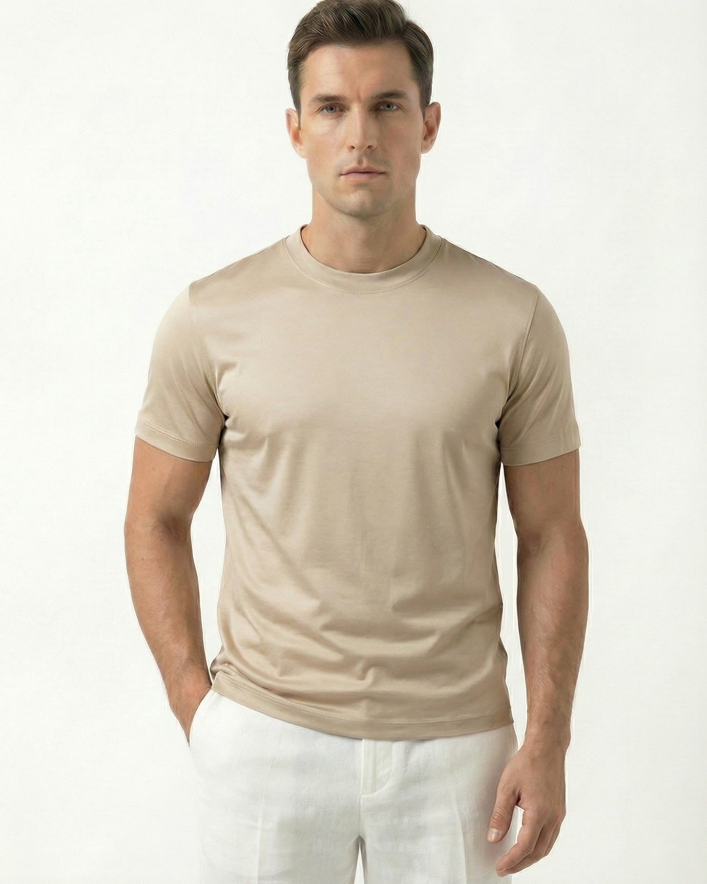 High-Count Outmeal Mercerized Cotton Round Neck Breathable T-Shirt