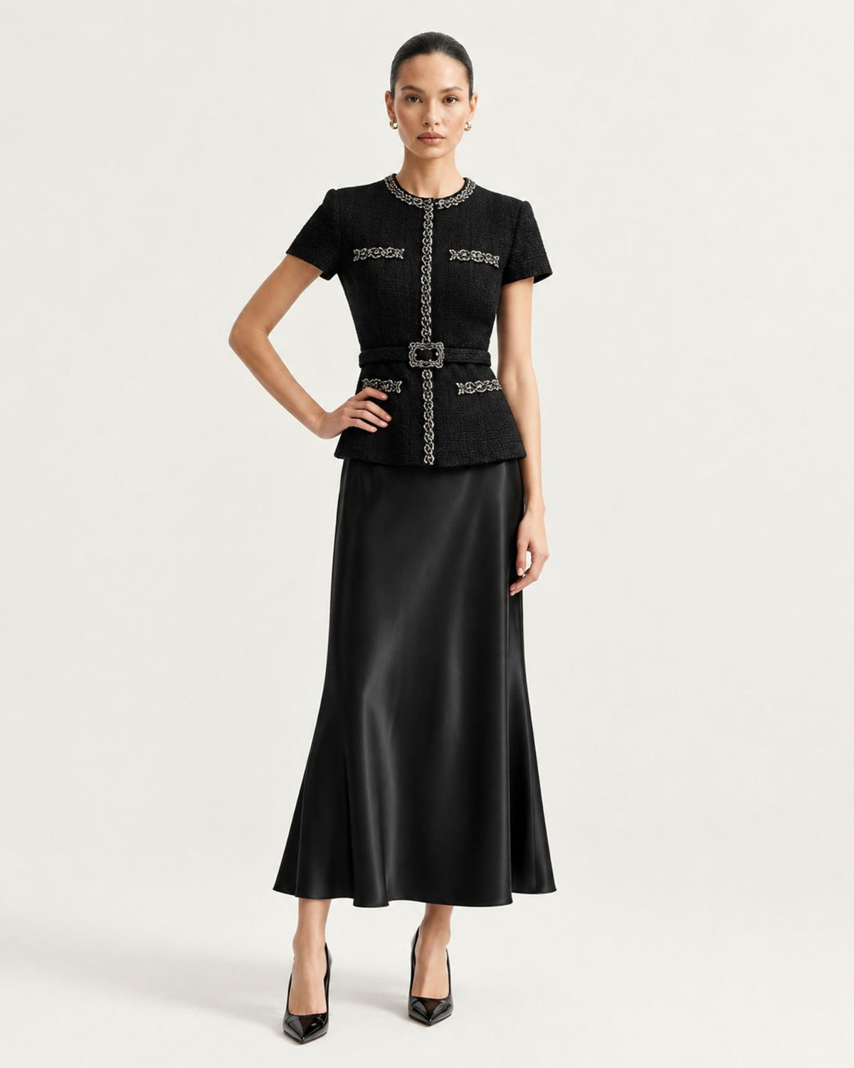 Satin-Paneled Tweed Mermaid Evening Dress