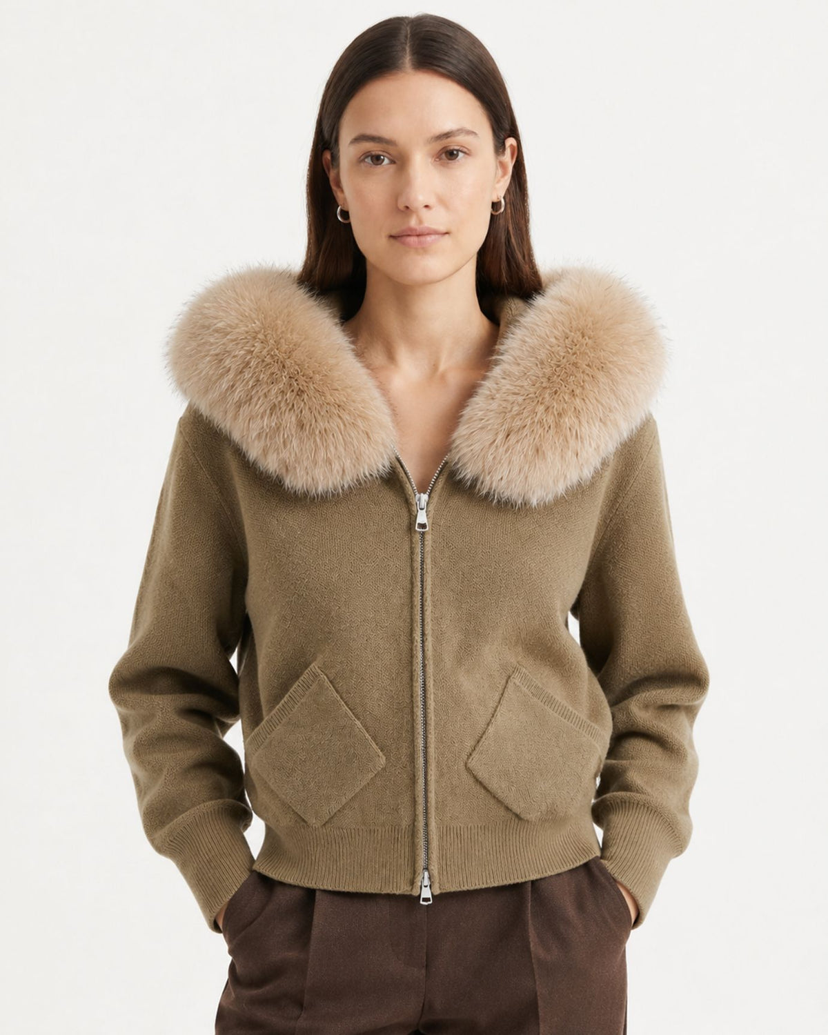 Hooded Knit Cardigan with Removable Fox Fur Trim