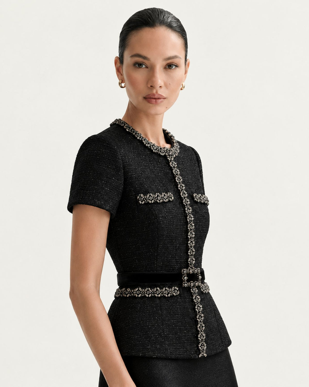 Satin-Paneled Tweed Mermaid Evening Dress