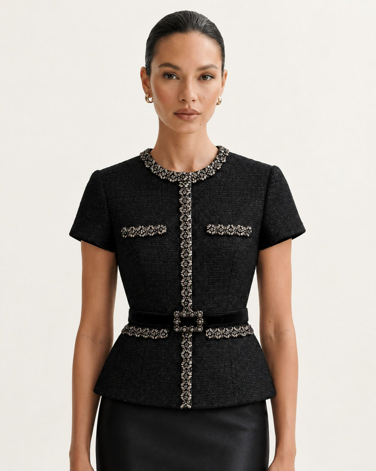 Satin-Paneled Tweed Mermaid Evening Dress