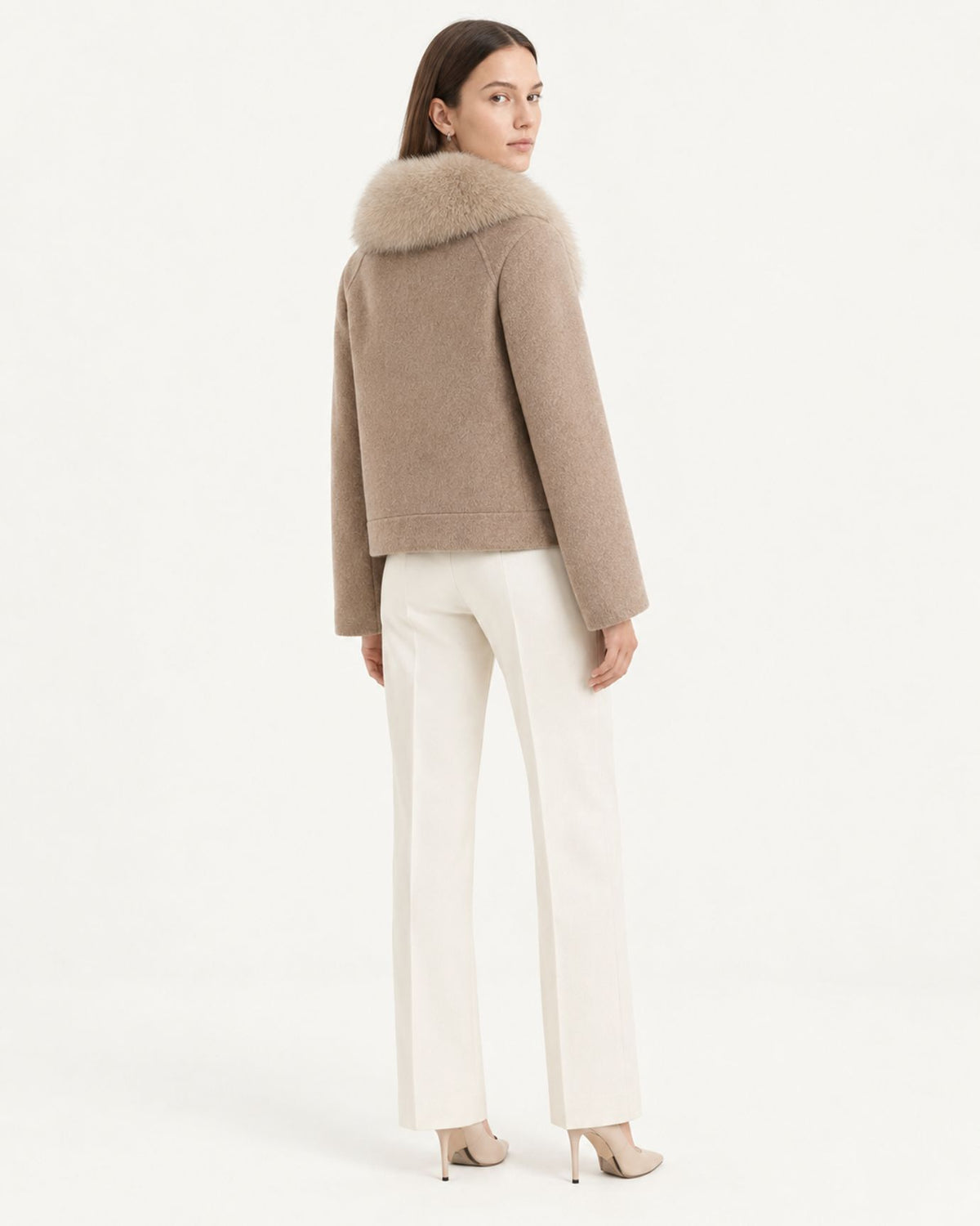 Fox Fur-Trimmed Short Double-Faced Wool Coat
