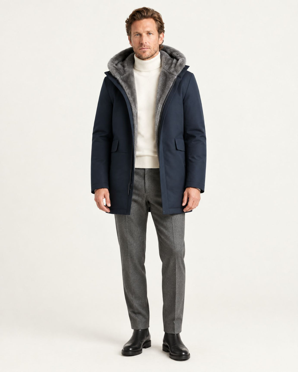 Genuine Mink-Lined Mid-Length Hooded Coat
