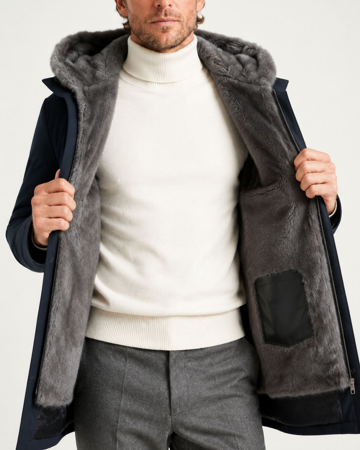 Genuine Mink-Lined Mid-Length Hooded Coat