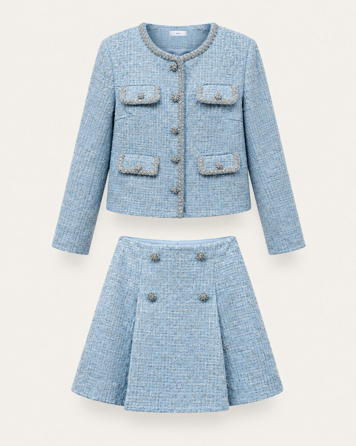 Mist Blue Sequin Wool Cardigan & Skirt Set