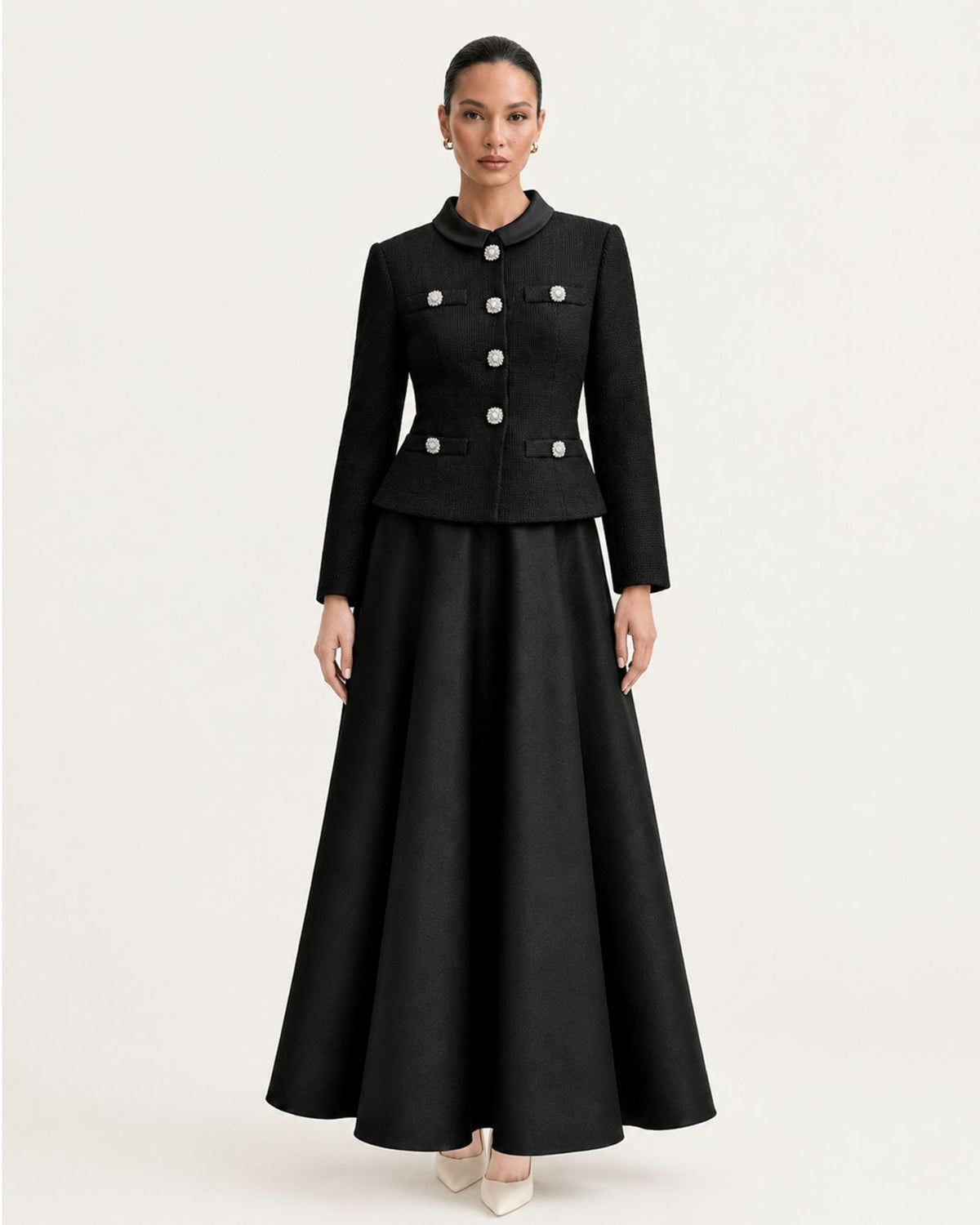Cindy Long-Sleeve Tweed Contrast Stand-Collar Dress