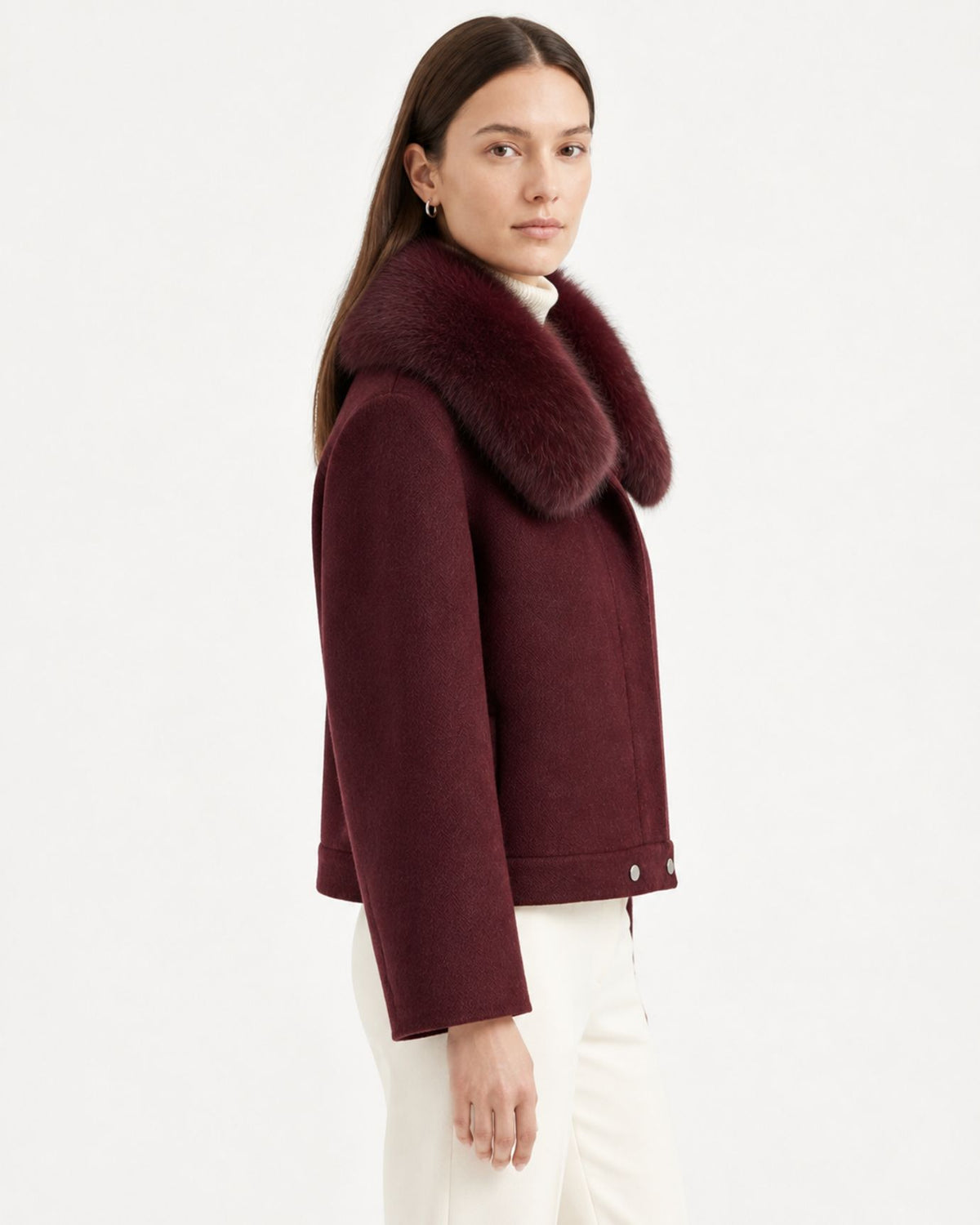 Fox Fur-Trimmed Short Double-Faced Wool Coat