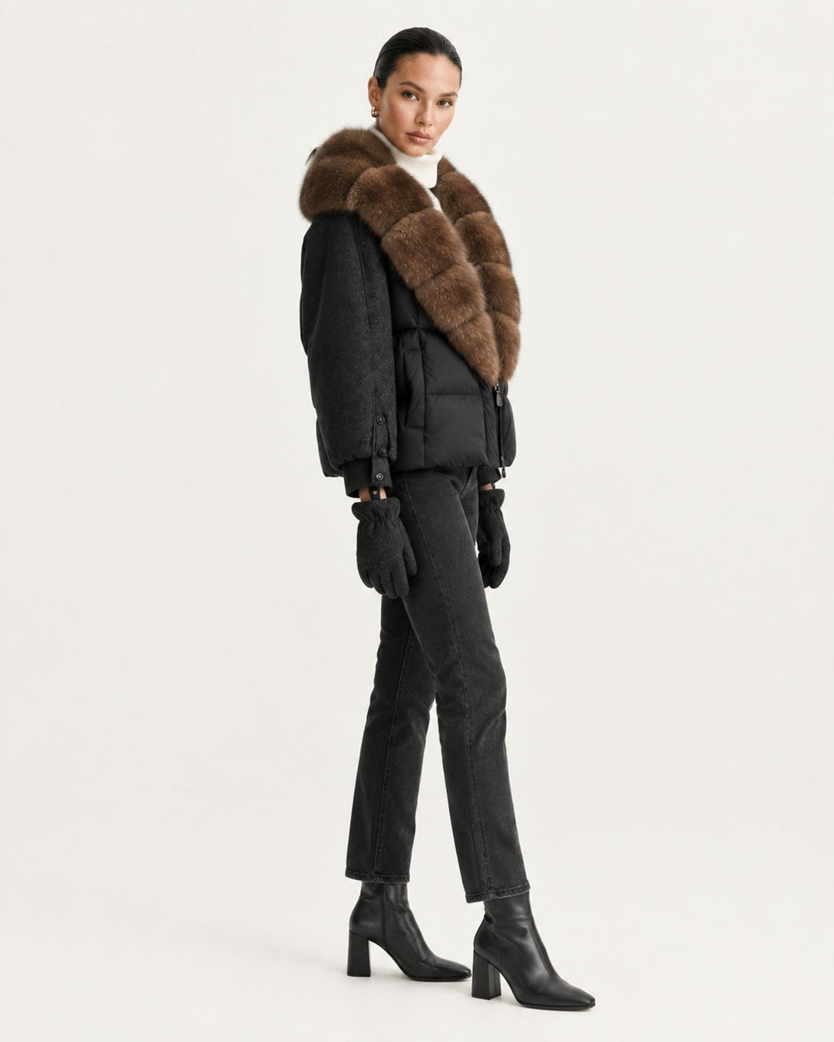 NY Duck Down Puffer Jacket with Detachable Fox Fur Collar