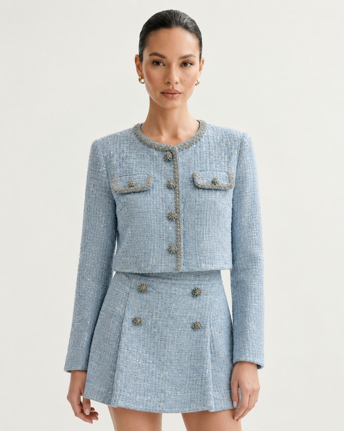 Mist Blue Sequin Wool Cardigan & Skirt Set