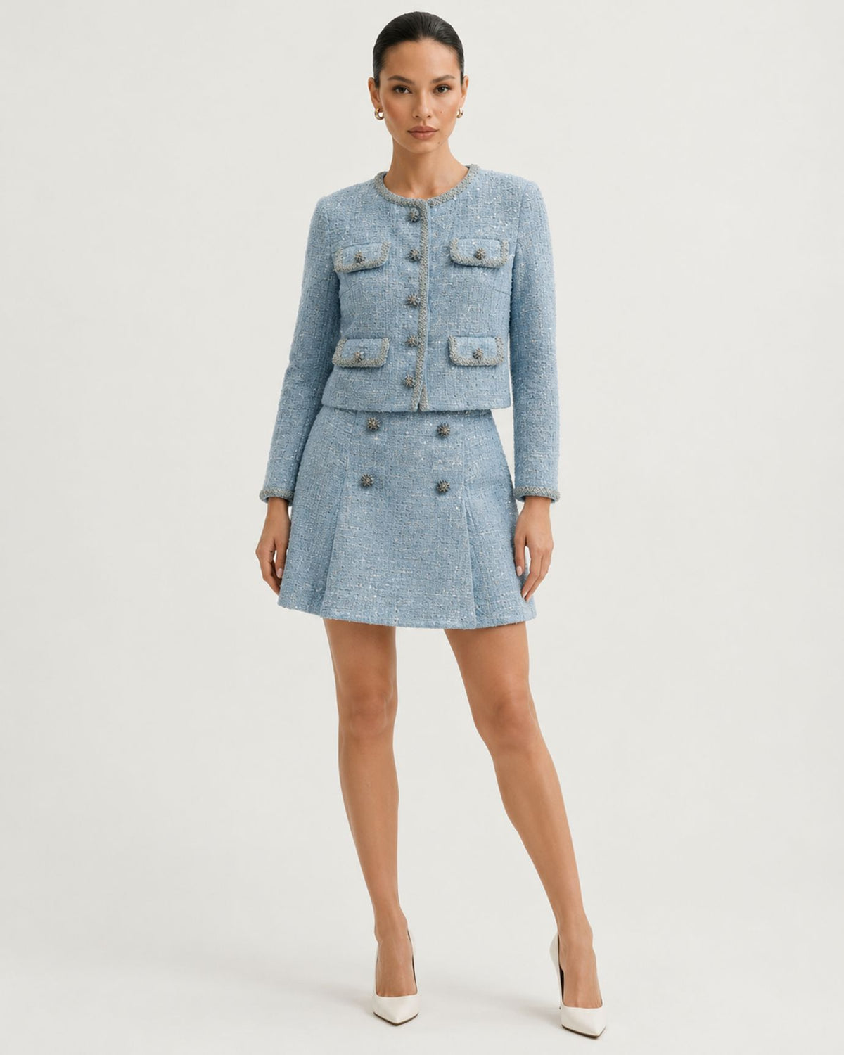 Mist Blue Sequin Wool Cardigan & Skirt Set