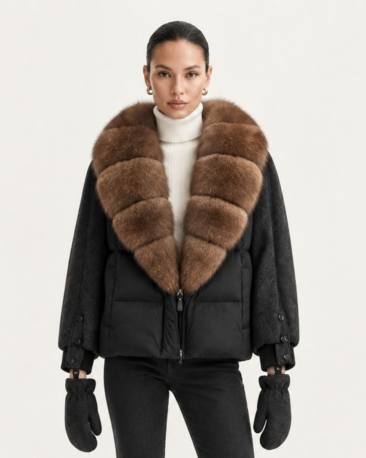 NY Duck Down Puffer Jacket with Detachable Fox Fur Collar