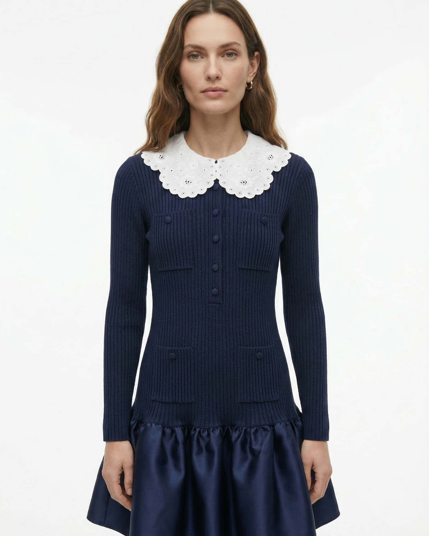 Candie Knit Dress Embroidered Lapel Ruffled Skirt