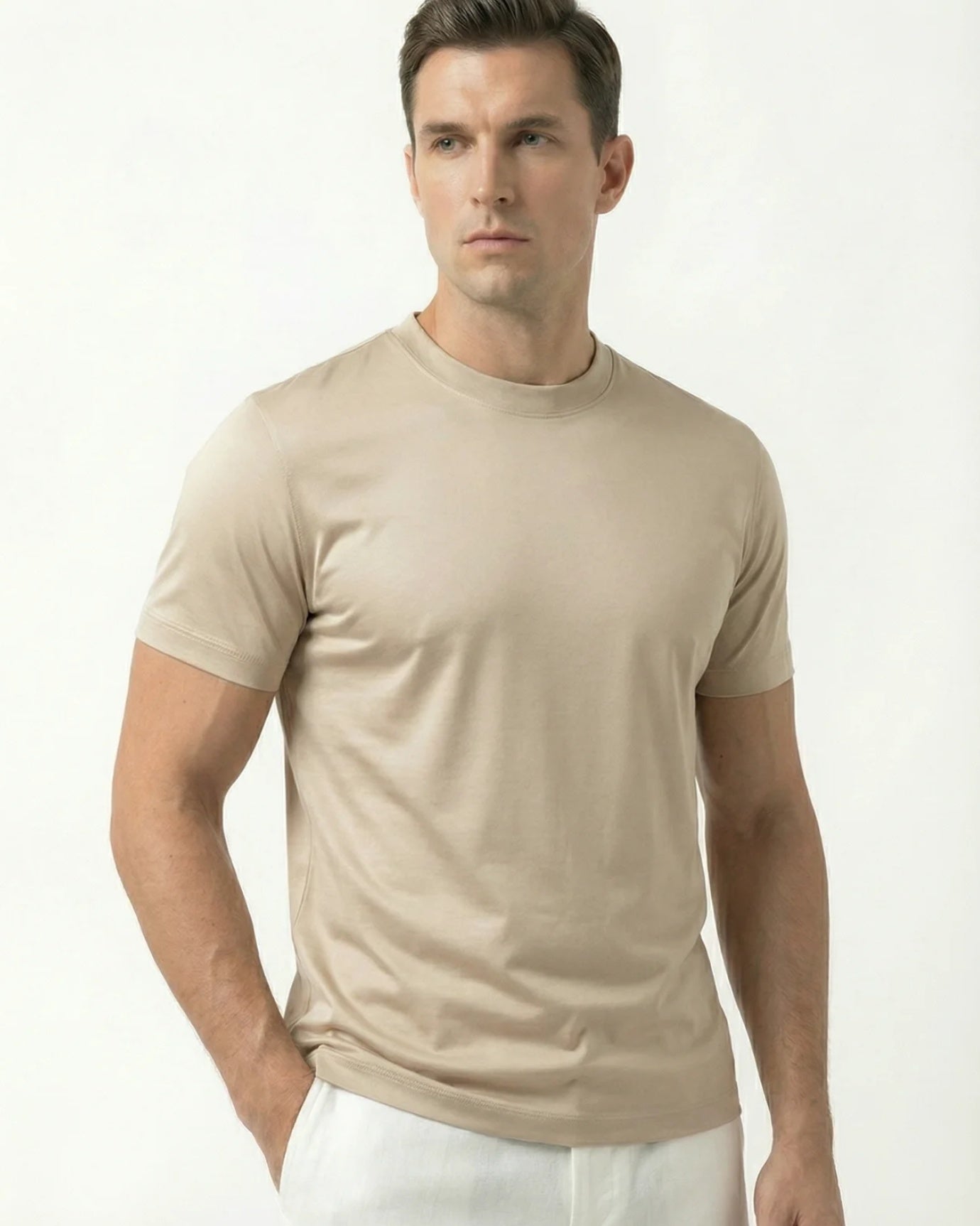 High-Count Outmeal Mercerized Cotton Round Neck Breathable T-Shirt