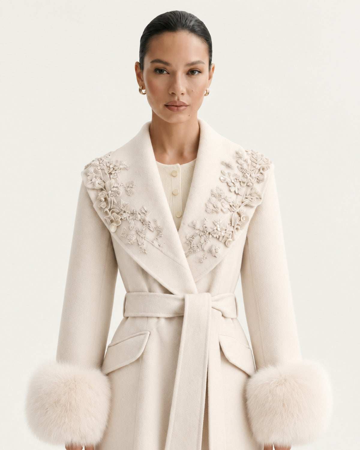 Hamptons Fox Fur Collar Embellished Wool Cashmere Coat