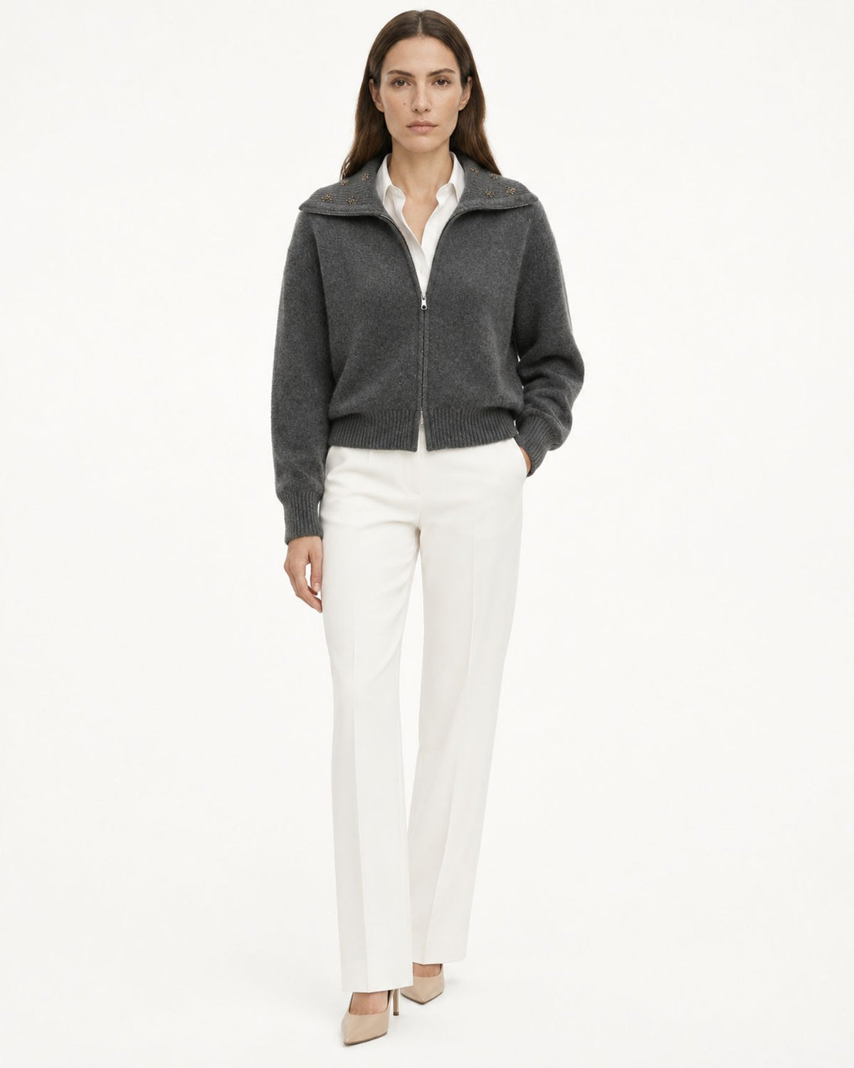 Lina Beaded and Embroidered 100% Cashmere Zip Cardigan