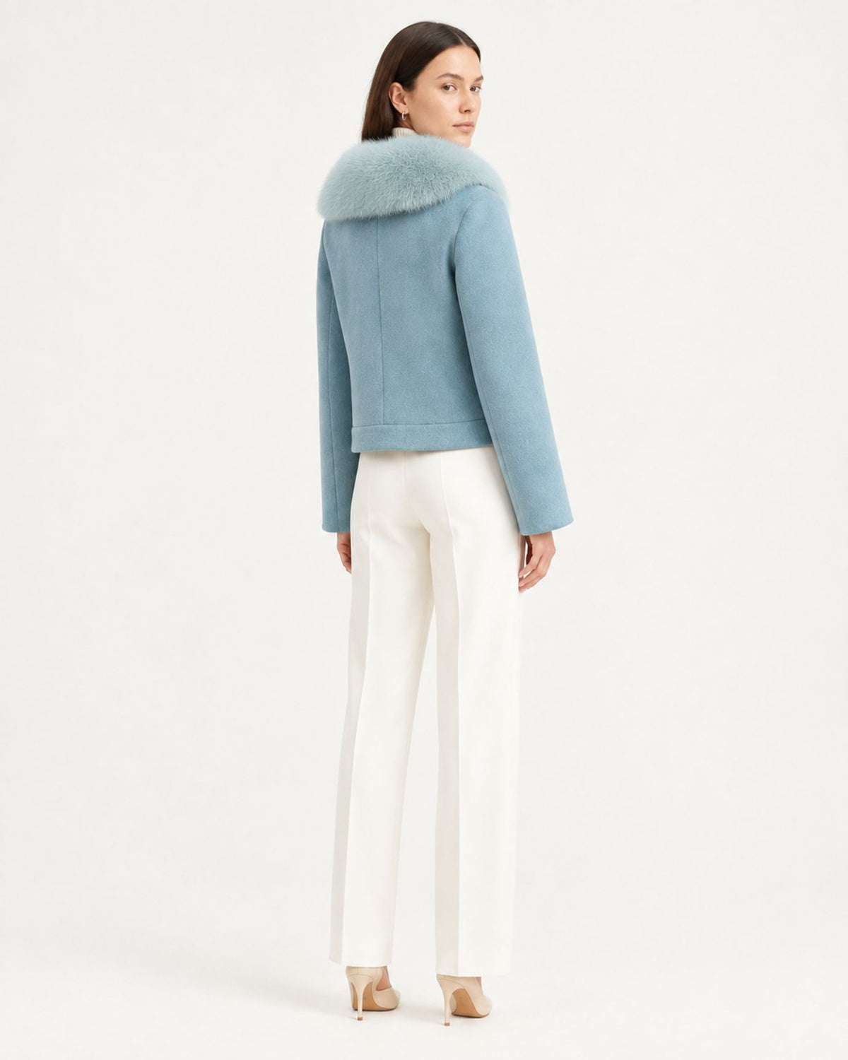 Fox Fur-Trimmed Short Double-Faced Wool Coat