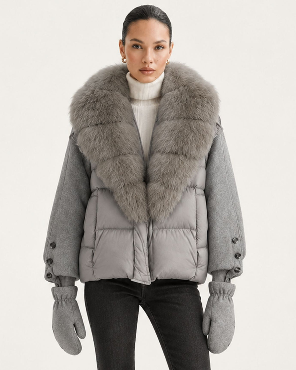 NY Duck Down Puffer Jacket with Detachable Fox Fur Collar