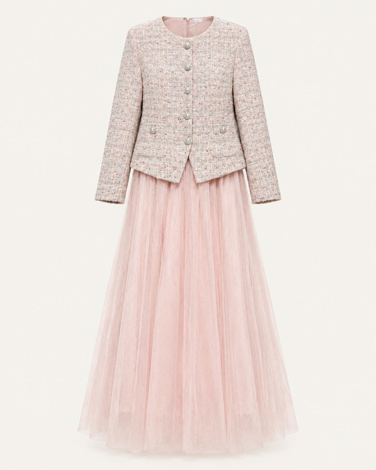 Rosy Pink Tweed and Mesh Illusion Maxi Dress