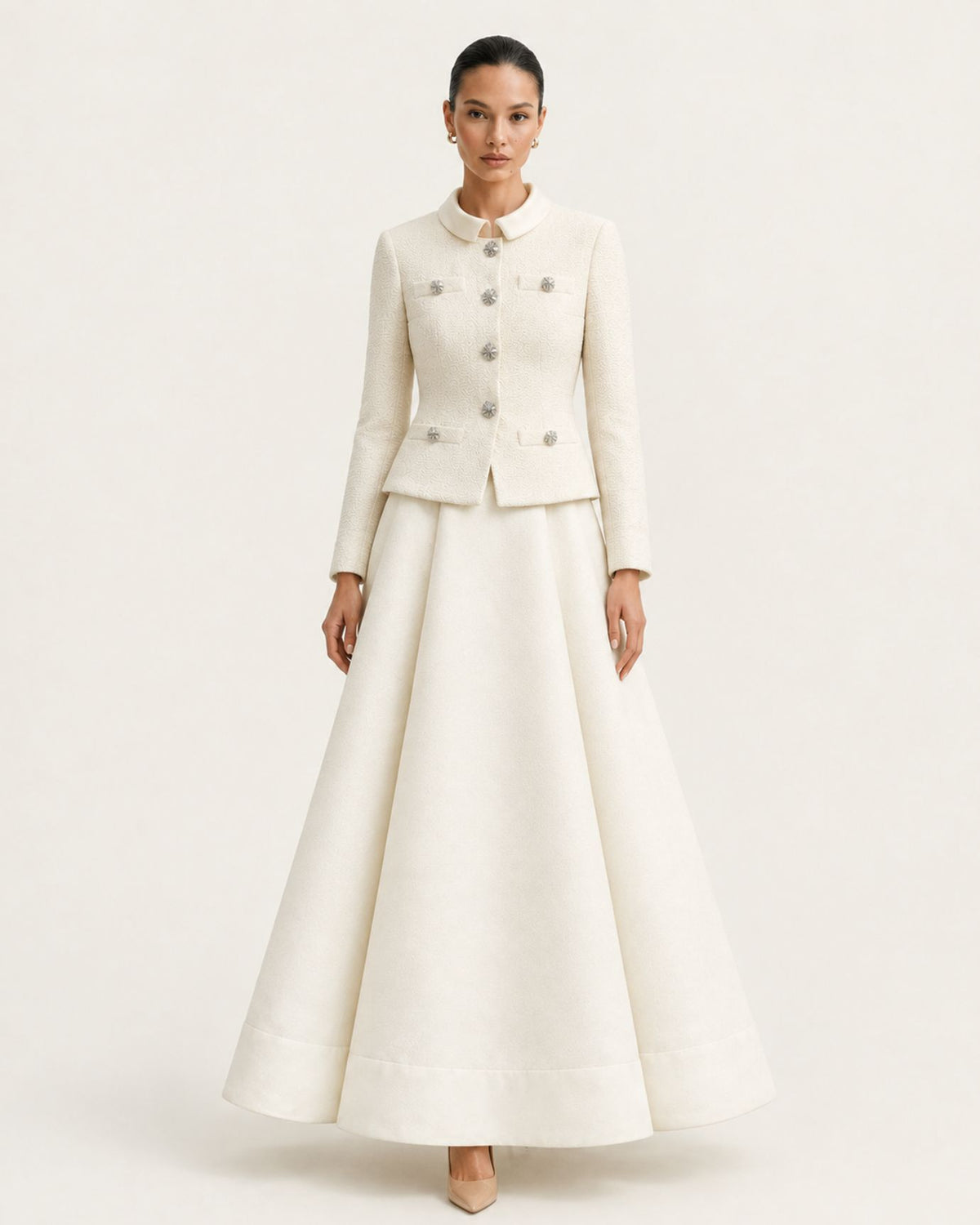 Cindy Long-Sleeve Tweed Contrast Stand-Collar Dress