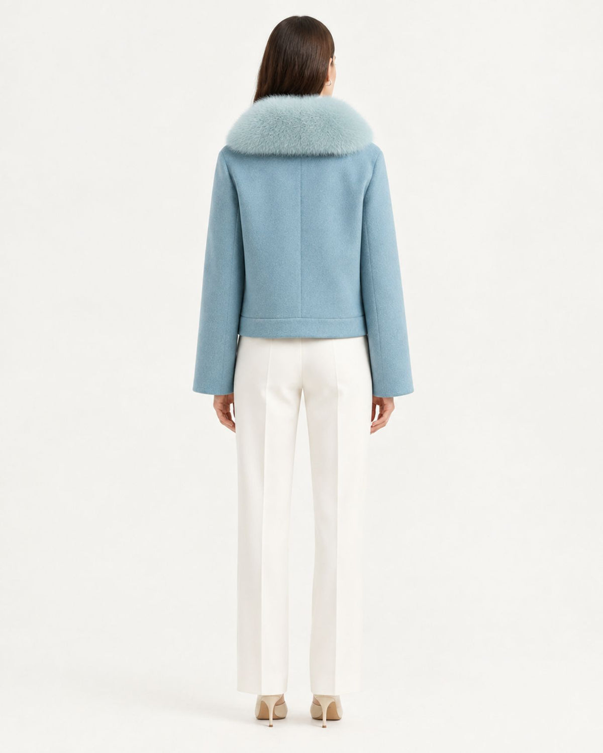 Fox Fur-Trimmed Short Double-Faced Wool Coat