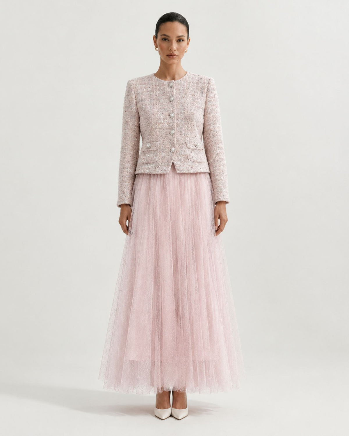 Rosy Pink Tweed and Mesh Illusion Maxi Dress