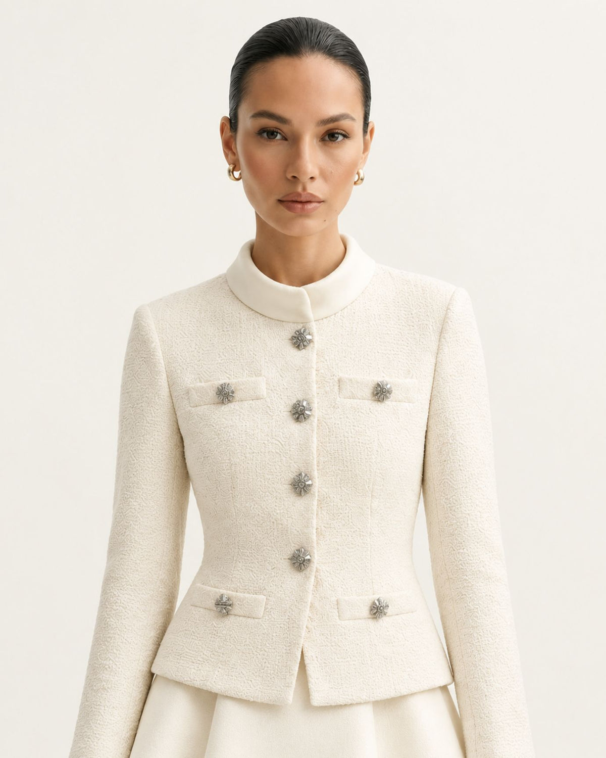 Cindy Long-Sleeve Tweed Contrast Stand-Collar Dress