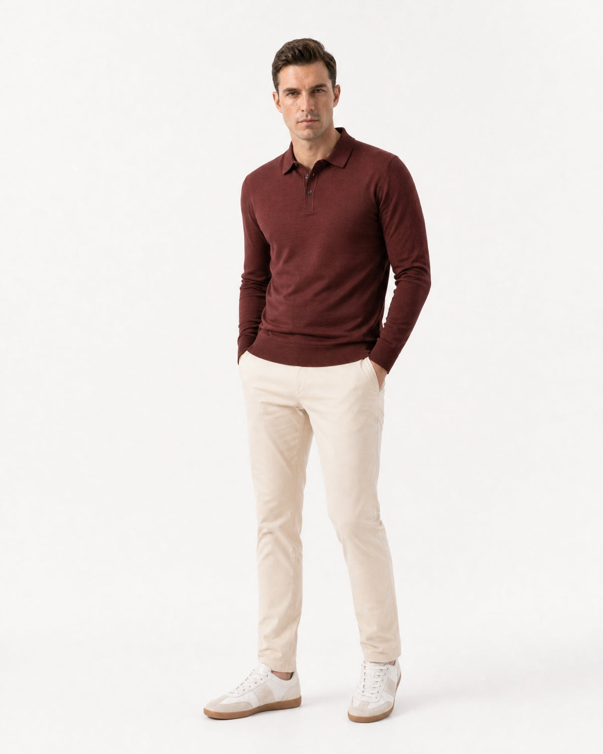 Worsted Merino Wool Long-Sleeve Polo Sweater
