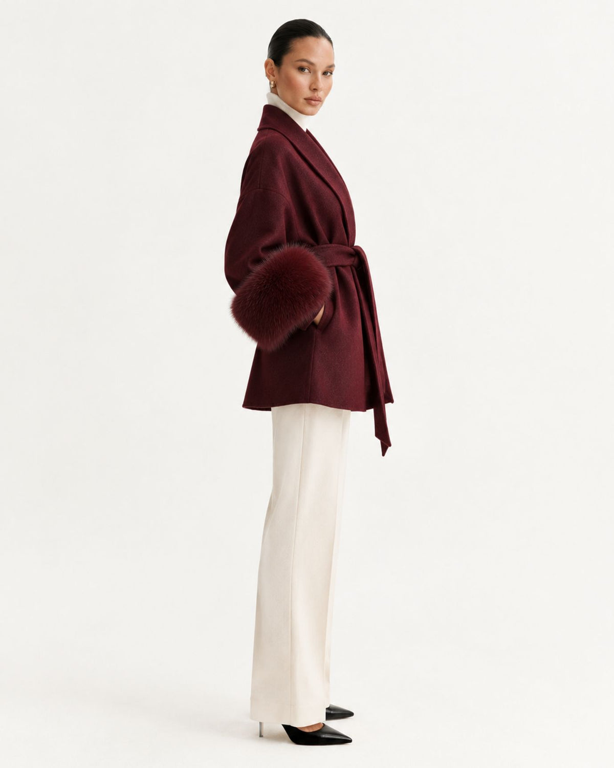 Divina Belted Double-Faced Wool Coat with Fox Fur Cuffs