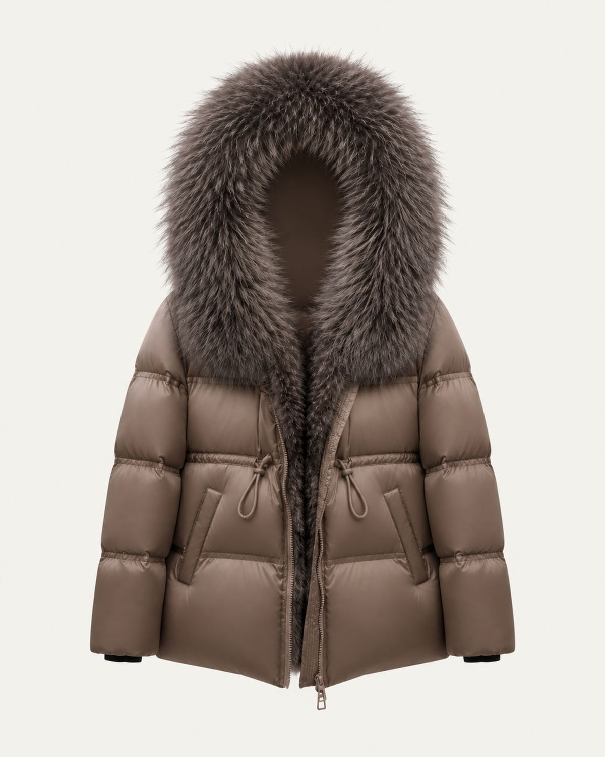 Belted Goose Down Coat with Detachable Fox Fur Collar