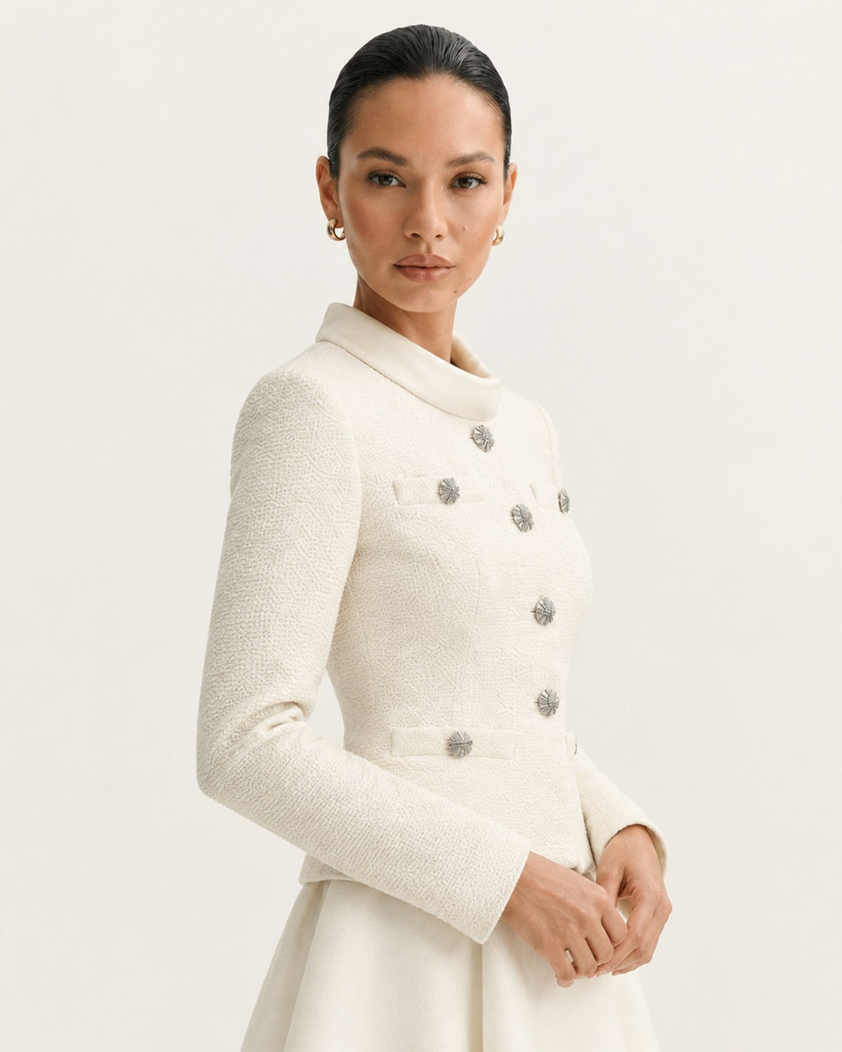 Cindy Long-Sleeve Tweed Contrast Stand-Collar Dress