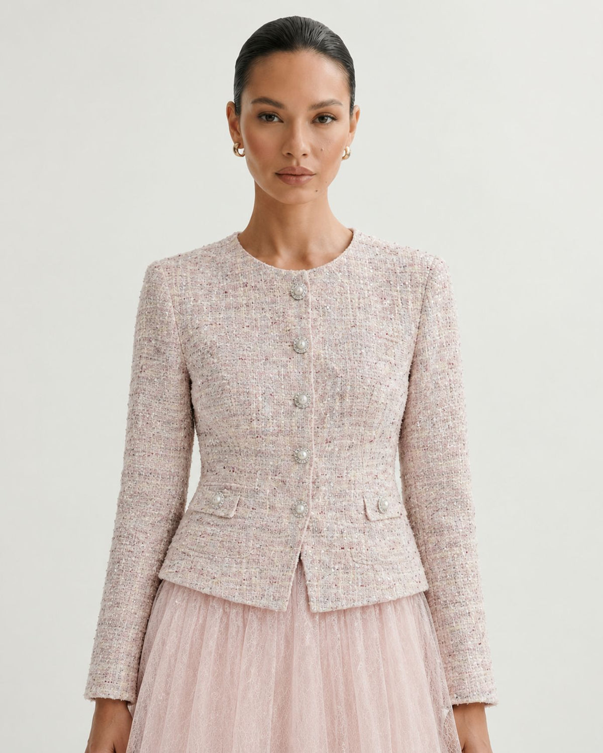 Rosy Pink Tweed and Mesh Illusion Maxi Dress