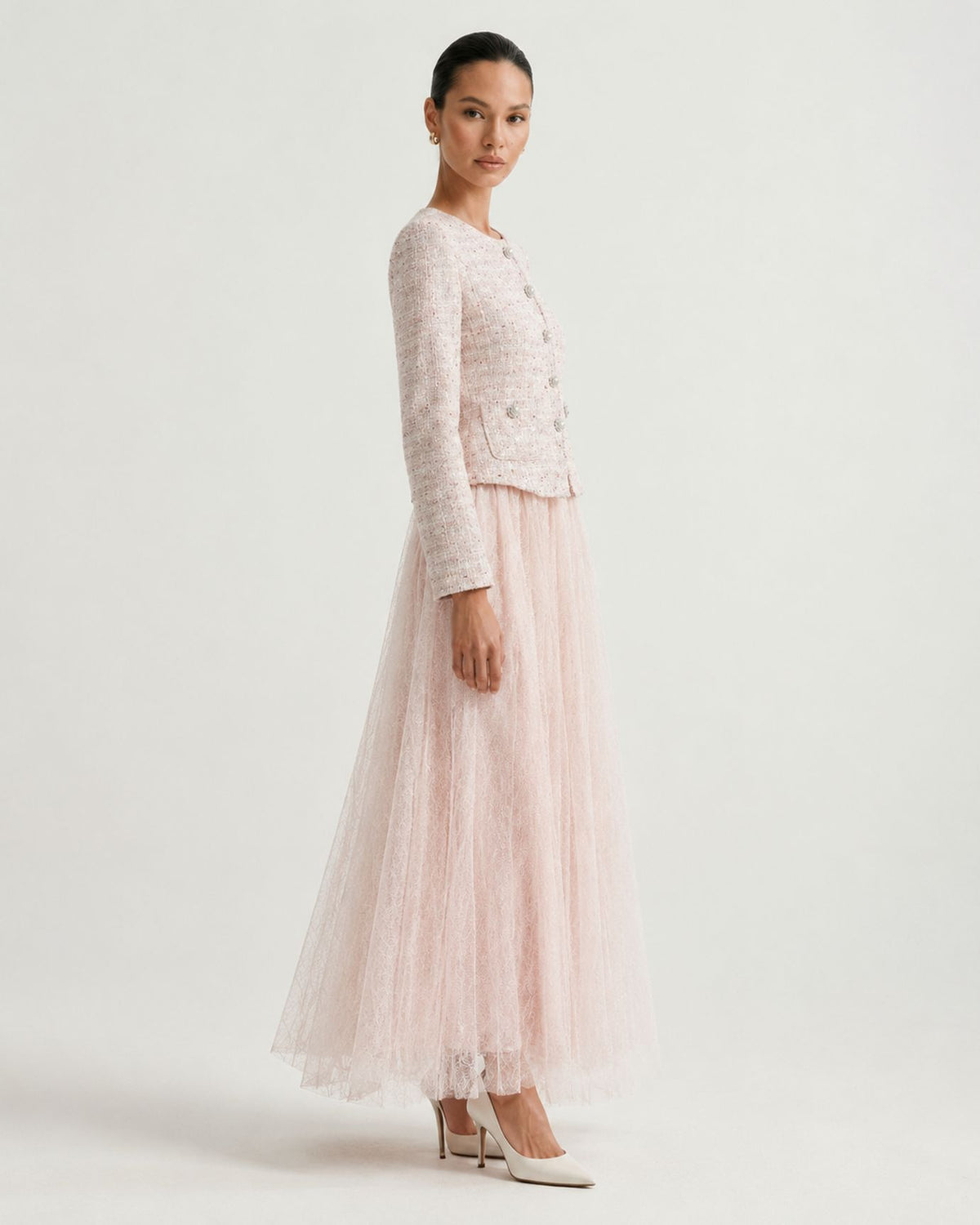 Rosy Pink Tweed and Mesh Illusion Maxi Dress