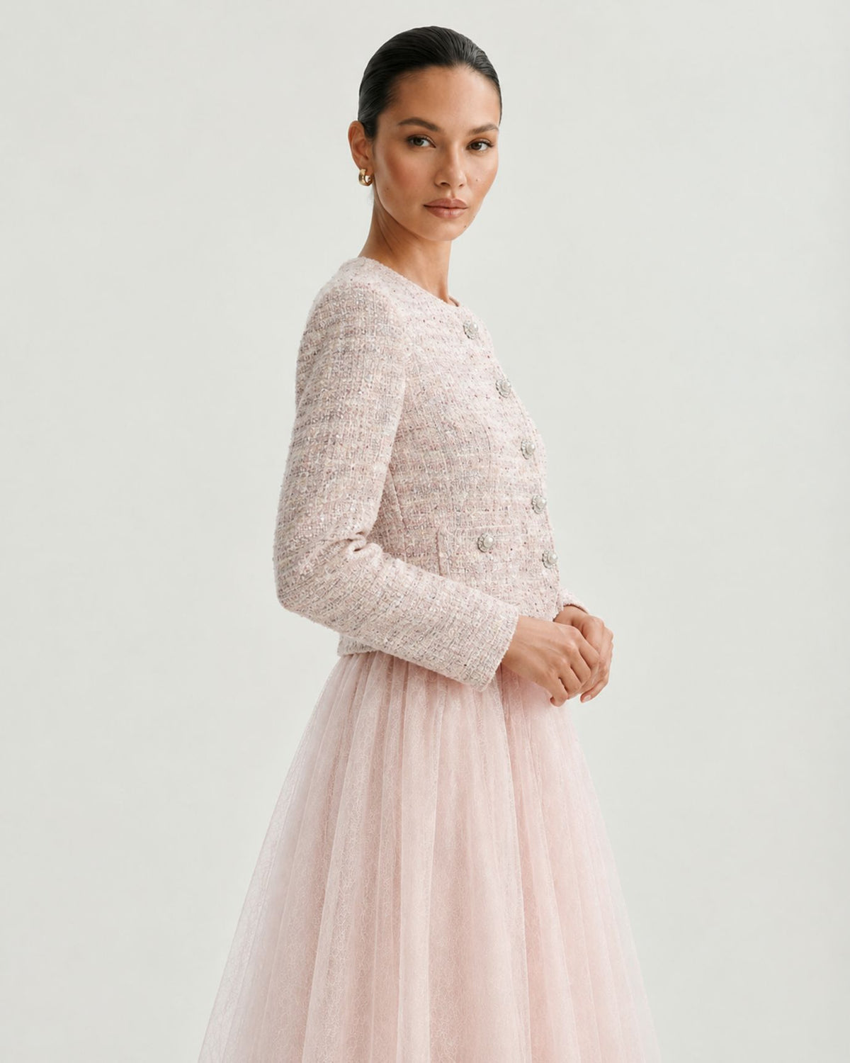 Rosy Pink Tweed and Mesh Illusion Maxi Dress