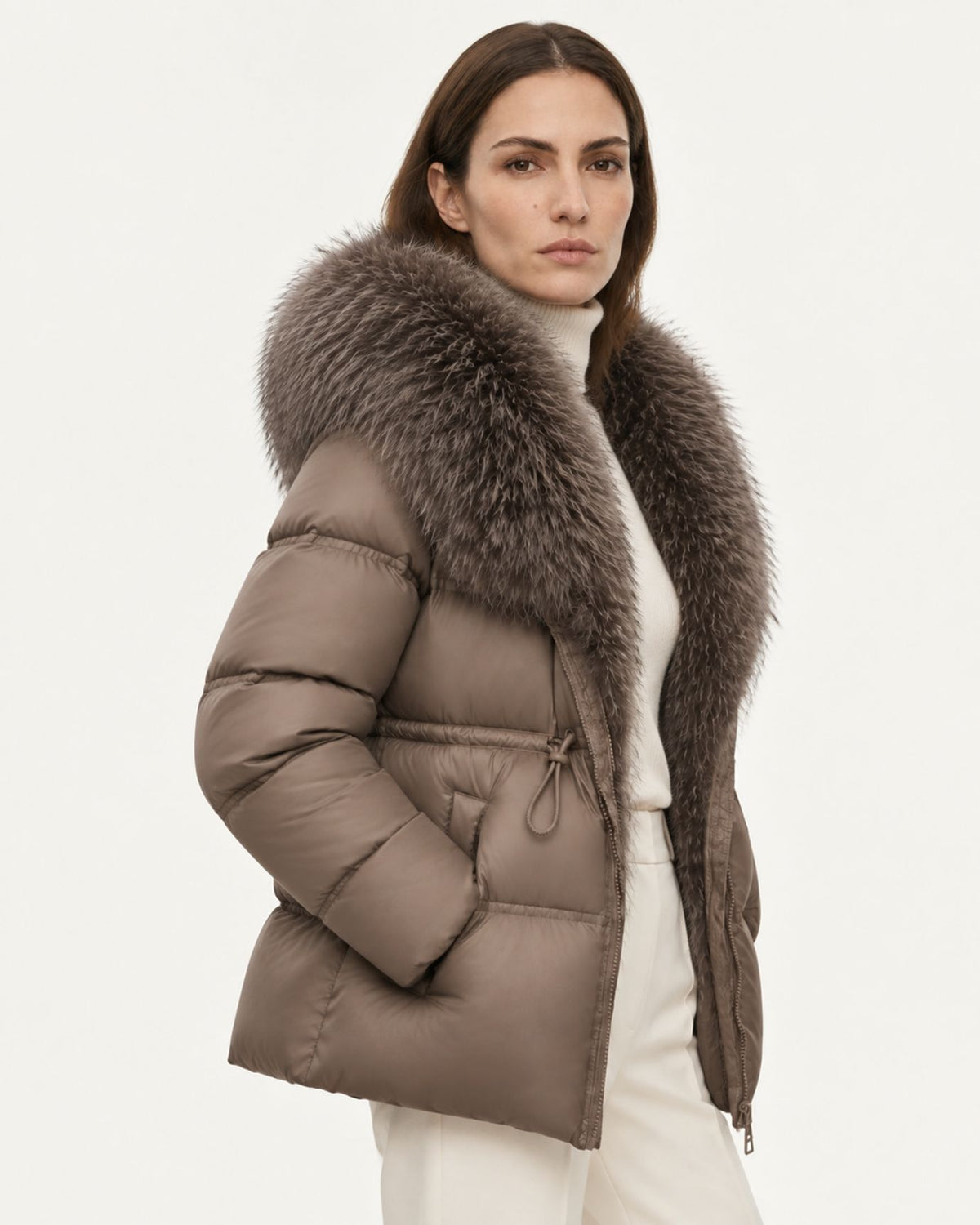 Belted Goose Down Coat with Detachable Fox Fur Collar