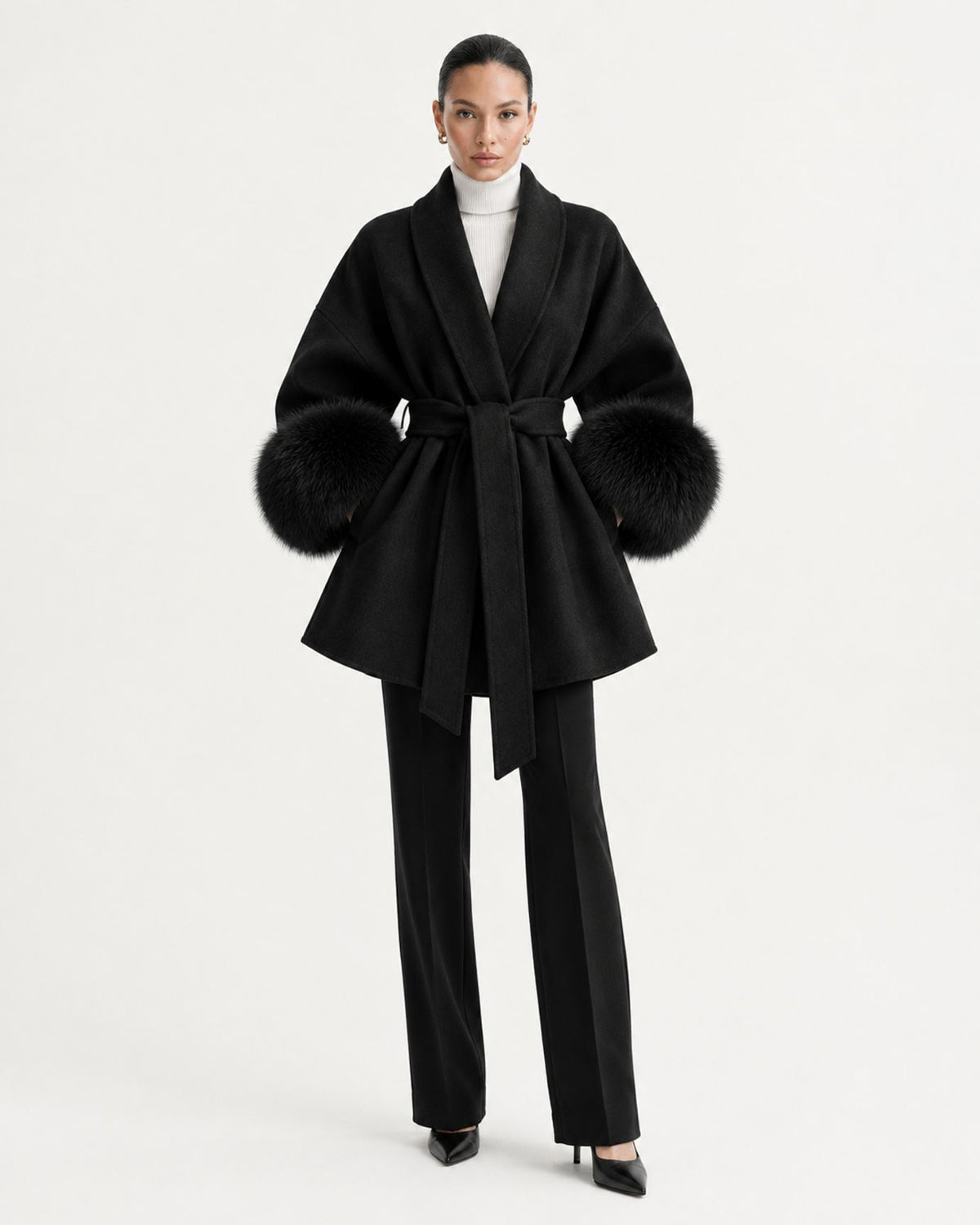Divina Belted Double-Faced Wool Coat with Fox Fur Cuffs