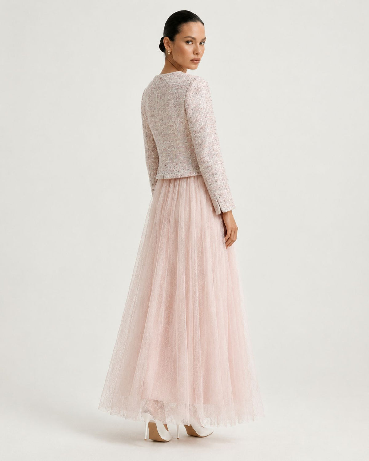 Rosy Pink Tweed and Mesh Illusion Maxi Dress