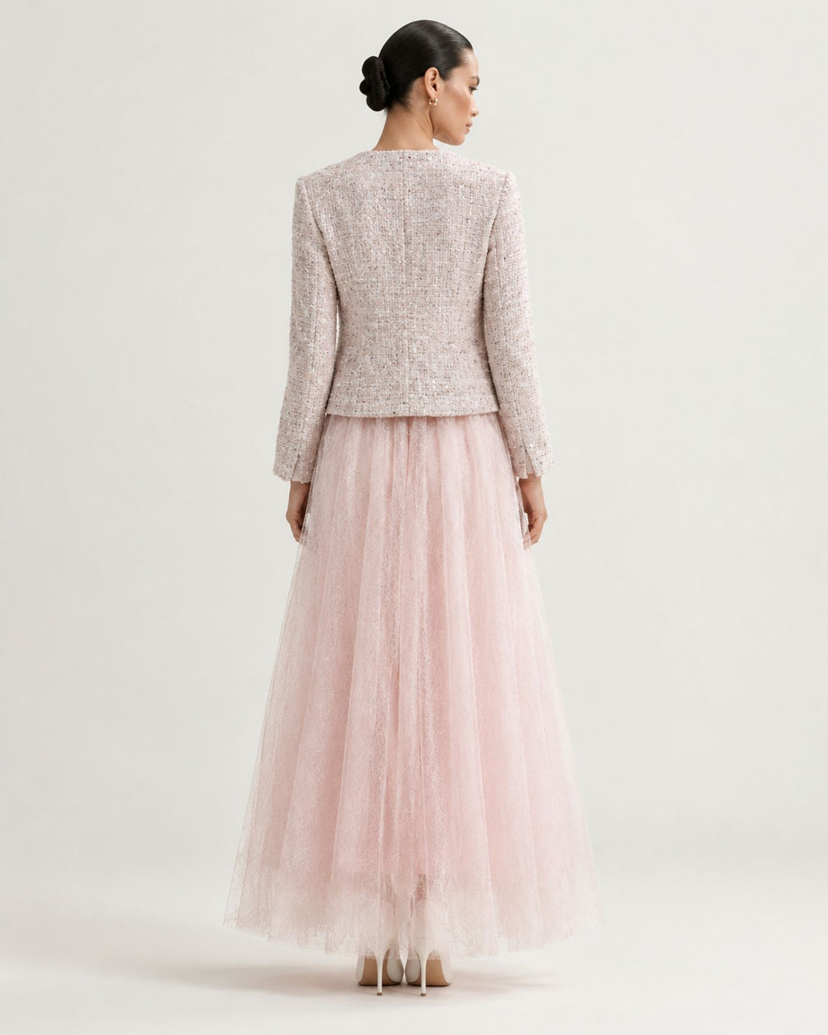 Rosy Pink Tweed and Mesh Illusion Maxi Dress